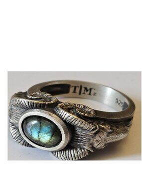 Sterling Silver 925 T|M's Aries Ram Head Ring with Labradorite